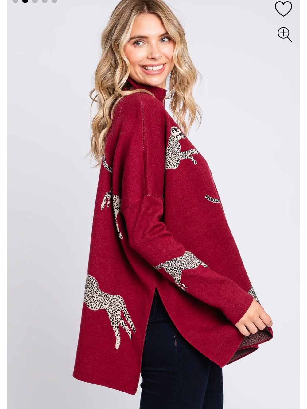 Ali Miles Burgundy Leopard-Print Turtleneck Sweater